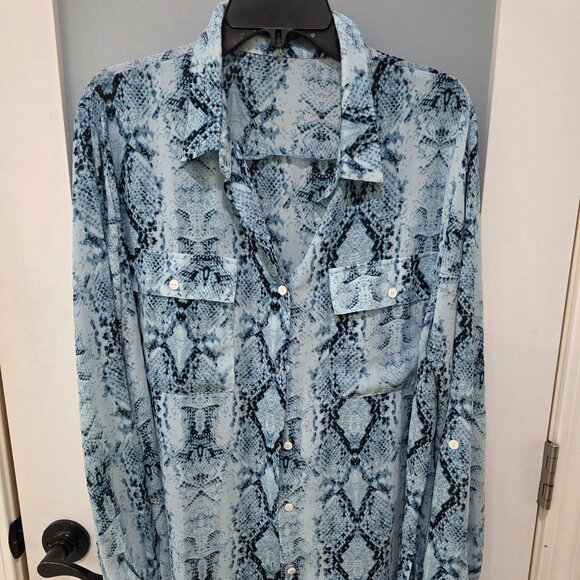 Blue Snakeskin Print Blouse – Women’s XXL Button Front Long Sleeve - Picture 1 of 7